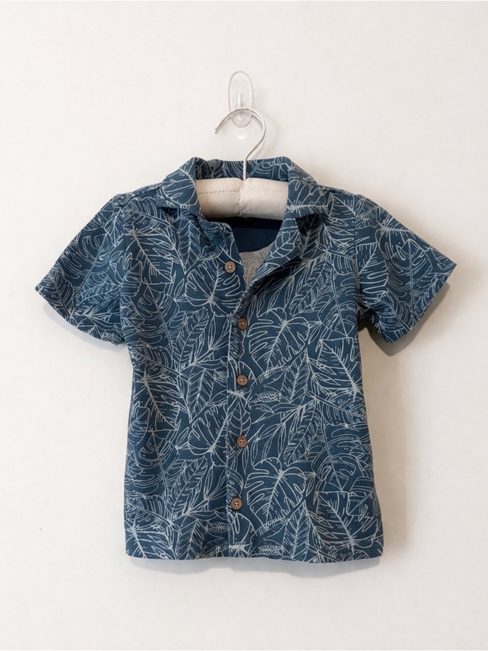 Blue Leaf-Print Short Sleeve Shirt for Kids
